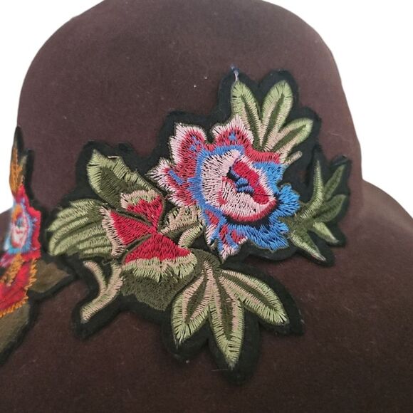 Hatch 100% Wool Wide Brim Floppy Hat Brown Floral Embroidery Festivalwear Boho - Picture 4 of 12